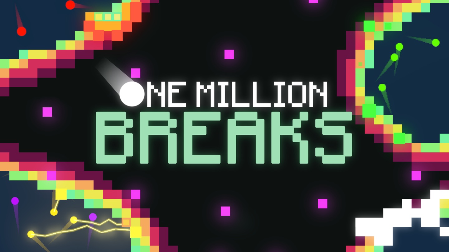 Обложка One Million Breaks: название игры пиксельным шрифтом, вокруг цветные пиксельные блоки и летящие шарики